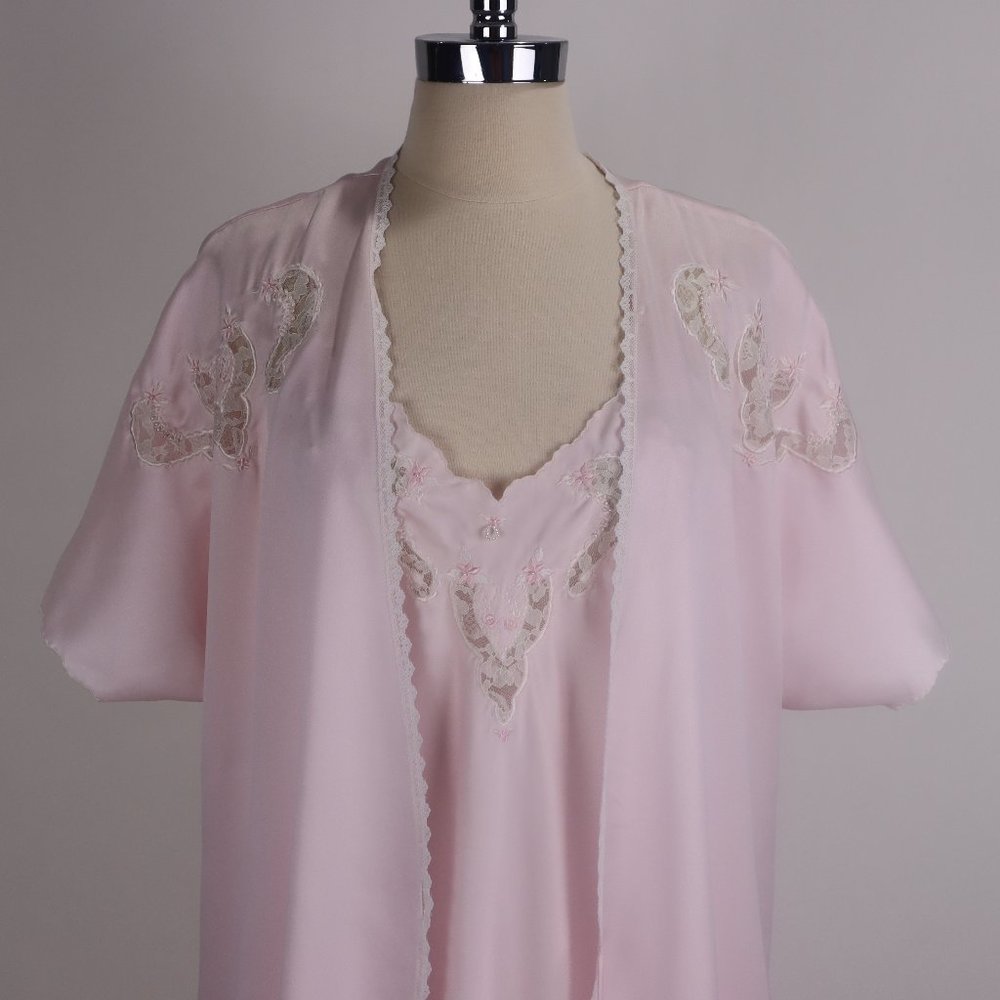Vintage Sara Beth Bonwit Teller NWT Pink Embroidered Lace Pearl Nightgown Robe